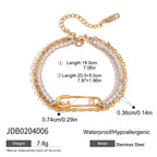 18K Gold Safety Pin Tennis Double Chain Heart Bangle Bracelet Stack