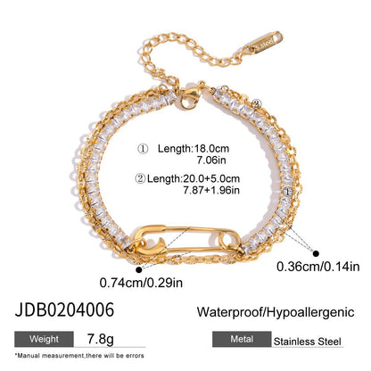 18K Gold Safety Pin Tennis Double Chain Heart Bangle Bracelet Stack