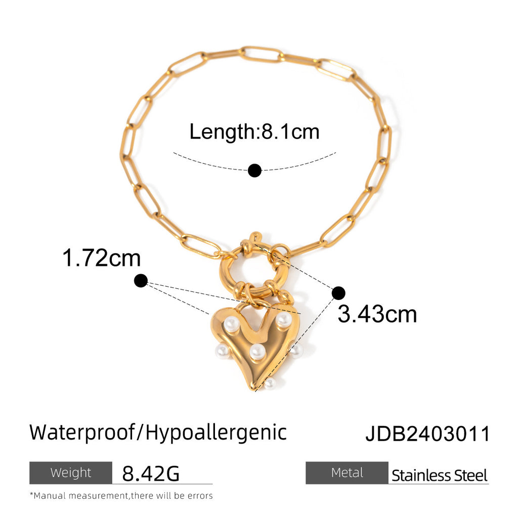 18K Gold Pearl Heart Paperclip Chain Charm Bracelet