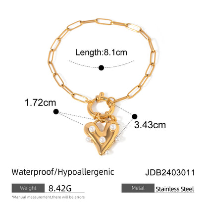 18K Gold Pearl Heart Paperclip Chain Charm Bracelet