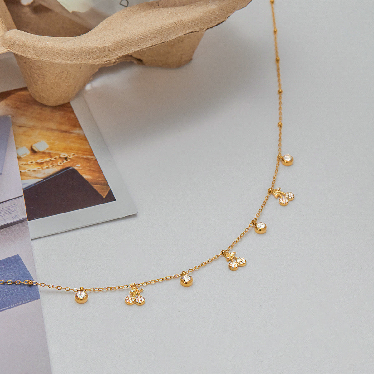18K Gold Cherry Sprinkled Bling Dainty Necklace