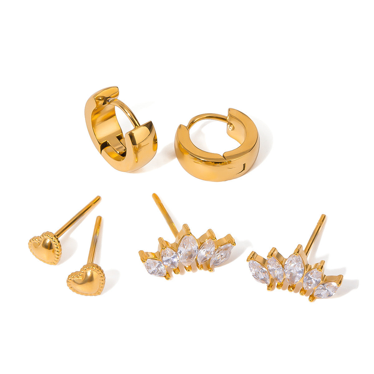 18K Gold Bling Studs Small Hoop Huggie Earrings Set