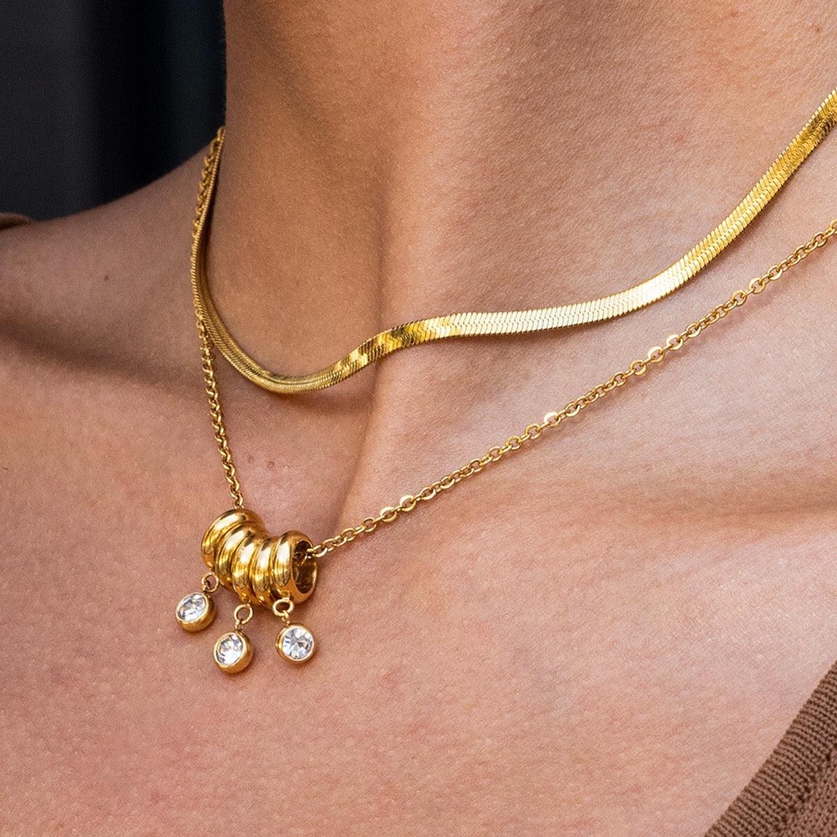 18K Gold Starry Ring Charm Pendant Herringbone Snake Chain Layered Necklace Set
