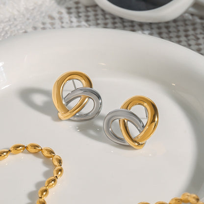 18K Gold and Silver Two Tone Pretzel Heart Statement Stud Earrings