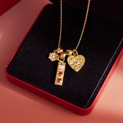 18K Gold Love in Bloom Pink Heart Flower Pendant Charm Necklace