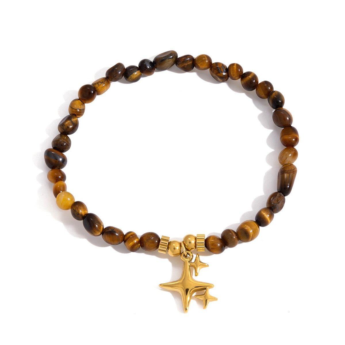 18K Gold Tiger Eye Starry Charm Beaded Bracelet Stack