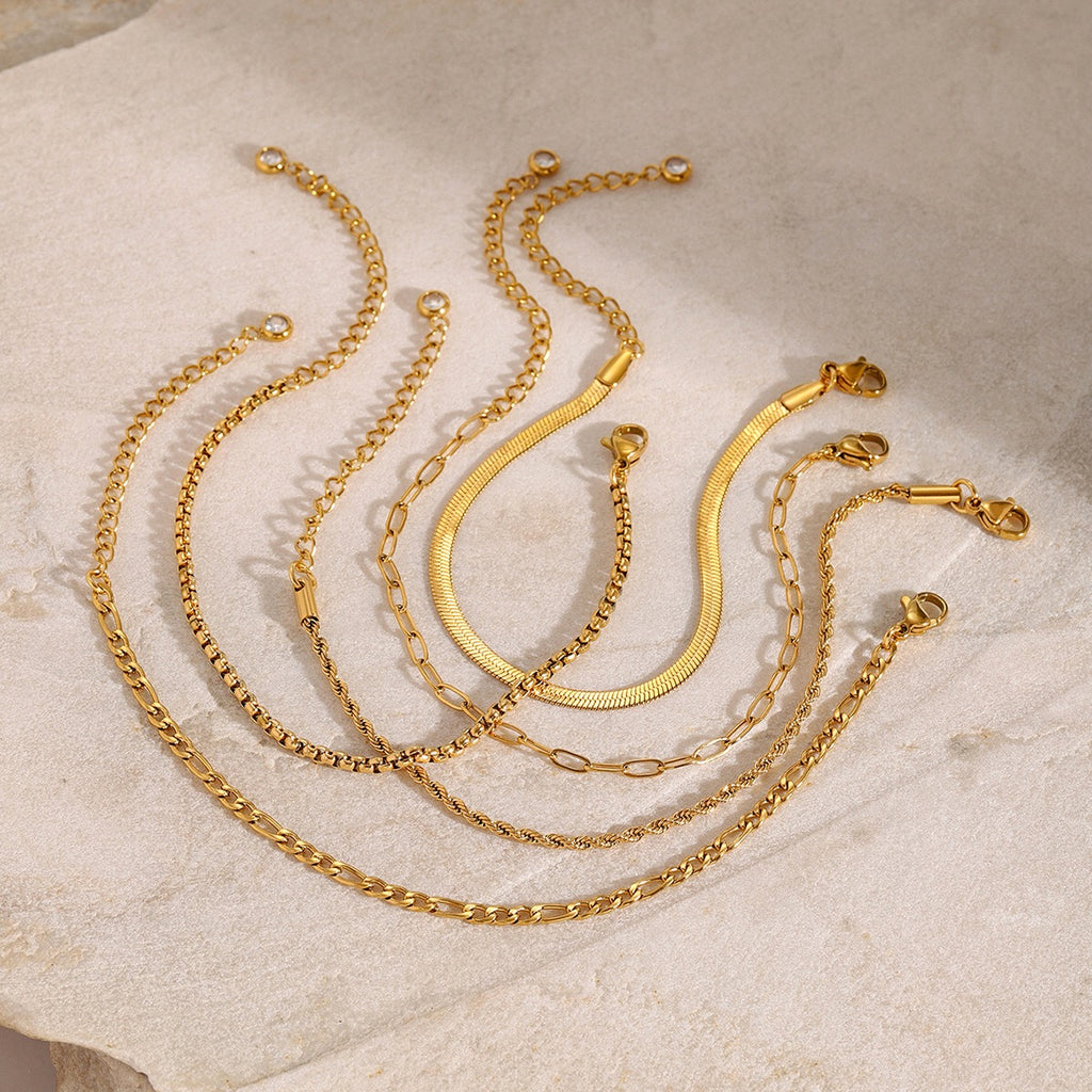 18K Gold Essential Dainty Paperclip Rope Herringbone Snake Chain Bracelet Stacks
