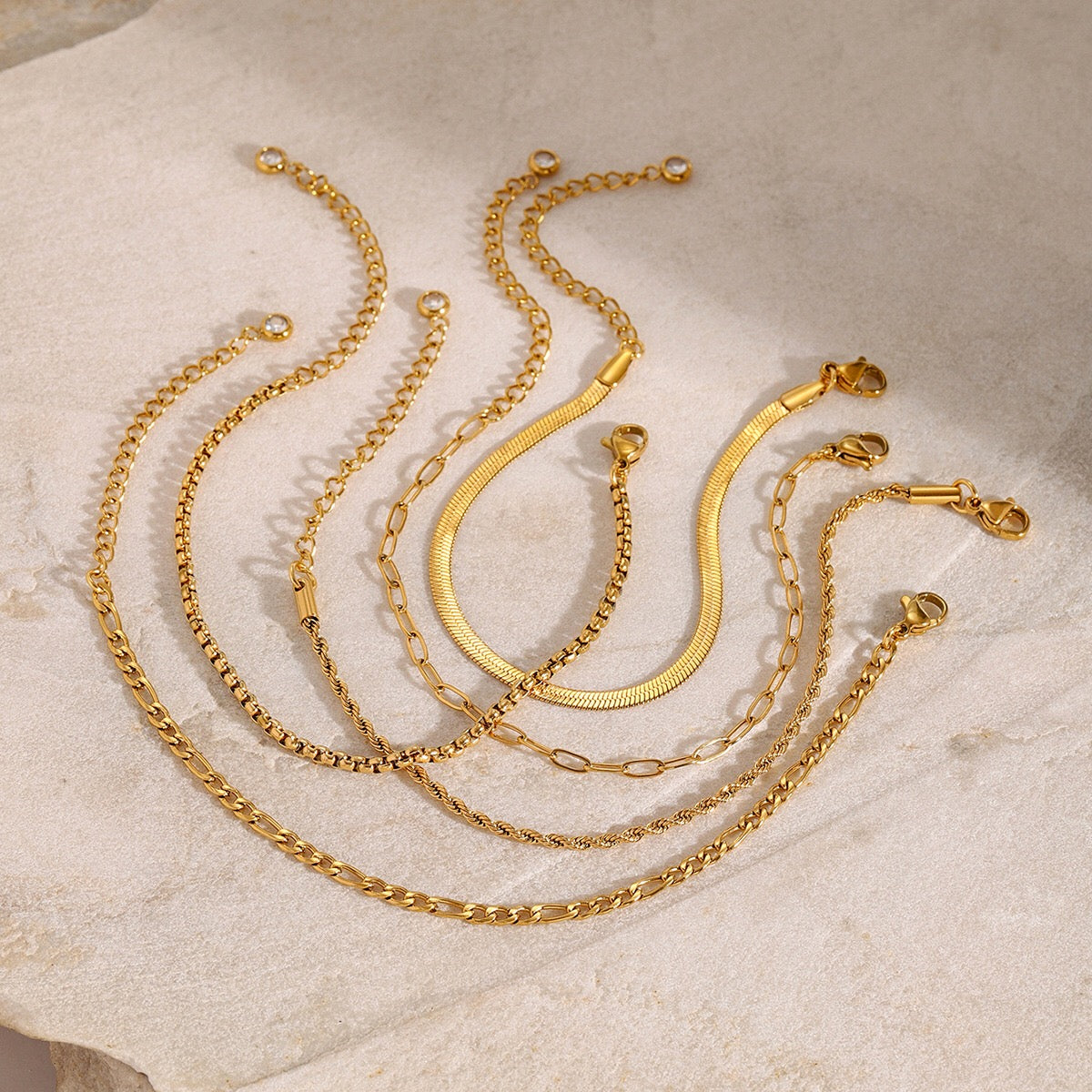 18K Gold Essential Dainty Paperclip Rope Herringbone Snake Chain Bracelet Stacks