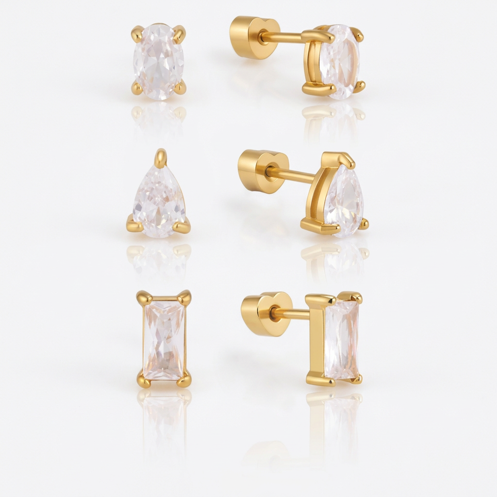 18K Gold Tiny Stars Flat Back Stud Nap Earrings Set
