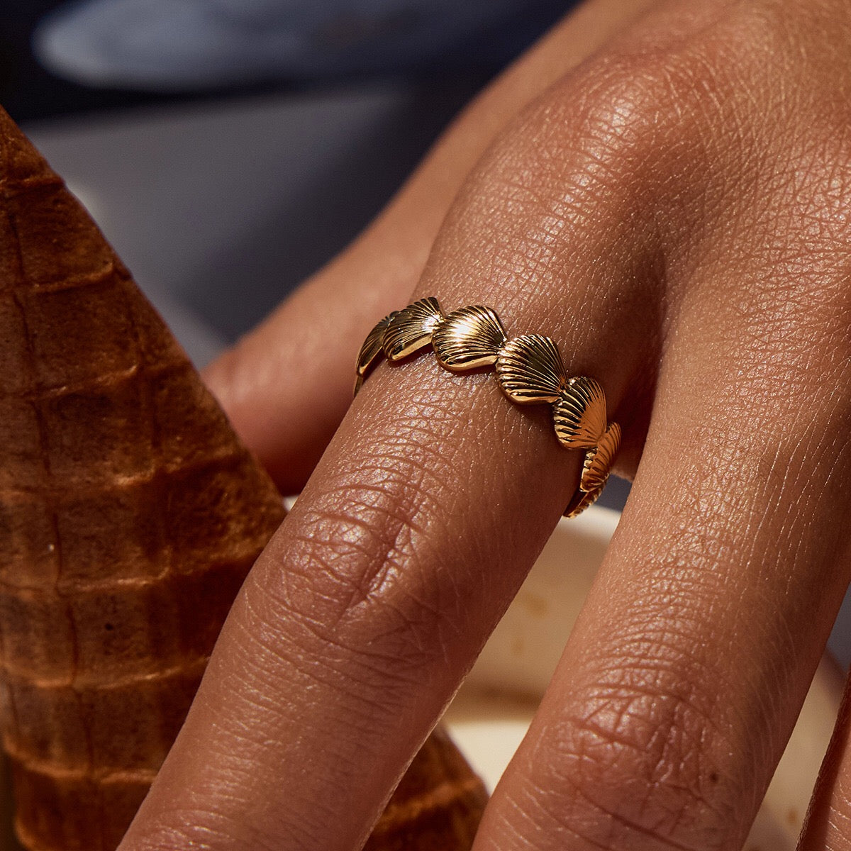 18K Gold and Silver Two Tone Coastal Glow Seashell Starfish Cuff Ring