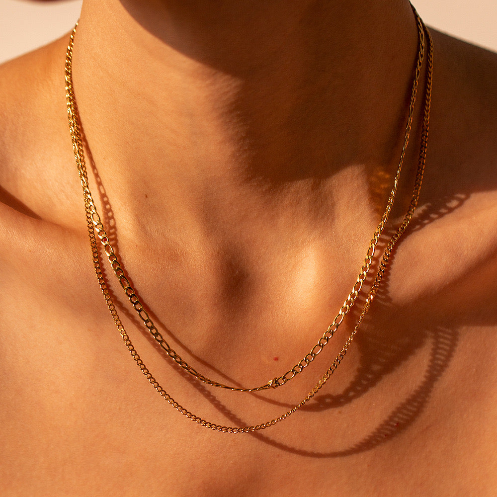 18K Gold Figaro Chain Double Layered Necklace