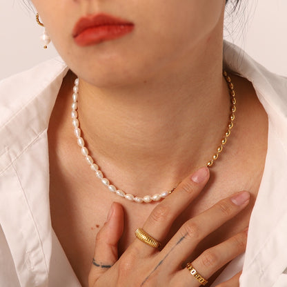 18K Gold Half Pearl Half Ball Chain Beaded Collar Necklace
