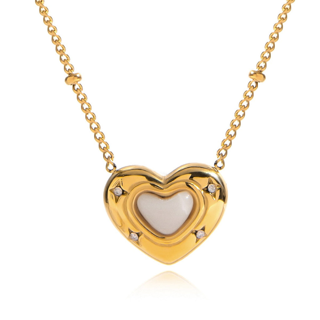 18K Gold Natural Stone Stars Adorned Dainty Heart Pendant Necklace