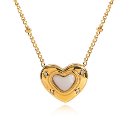 18K Gold Natural Stone Stars Adorned Dainty Heart Pendant Necklace