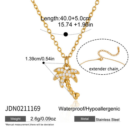 18K Gold Ocean Sparkle Seashell Palm Tree Dainty Pave Pendant Necklace Jewelry Set