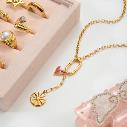 18K Gold Red Heart Charm Pendant Necklace
