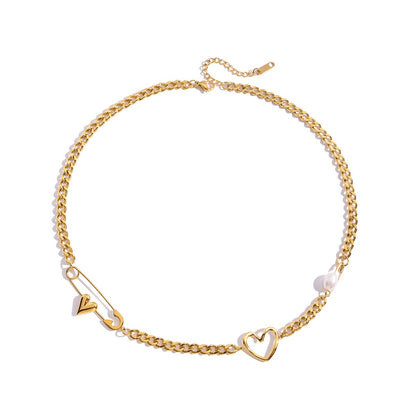 18K Gold Heart Safety Pin Pearl Cuban Curb Chain Necklace