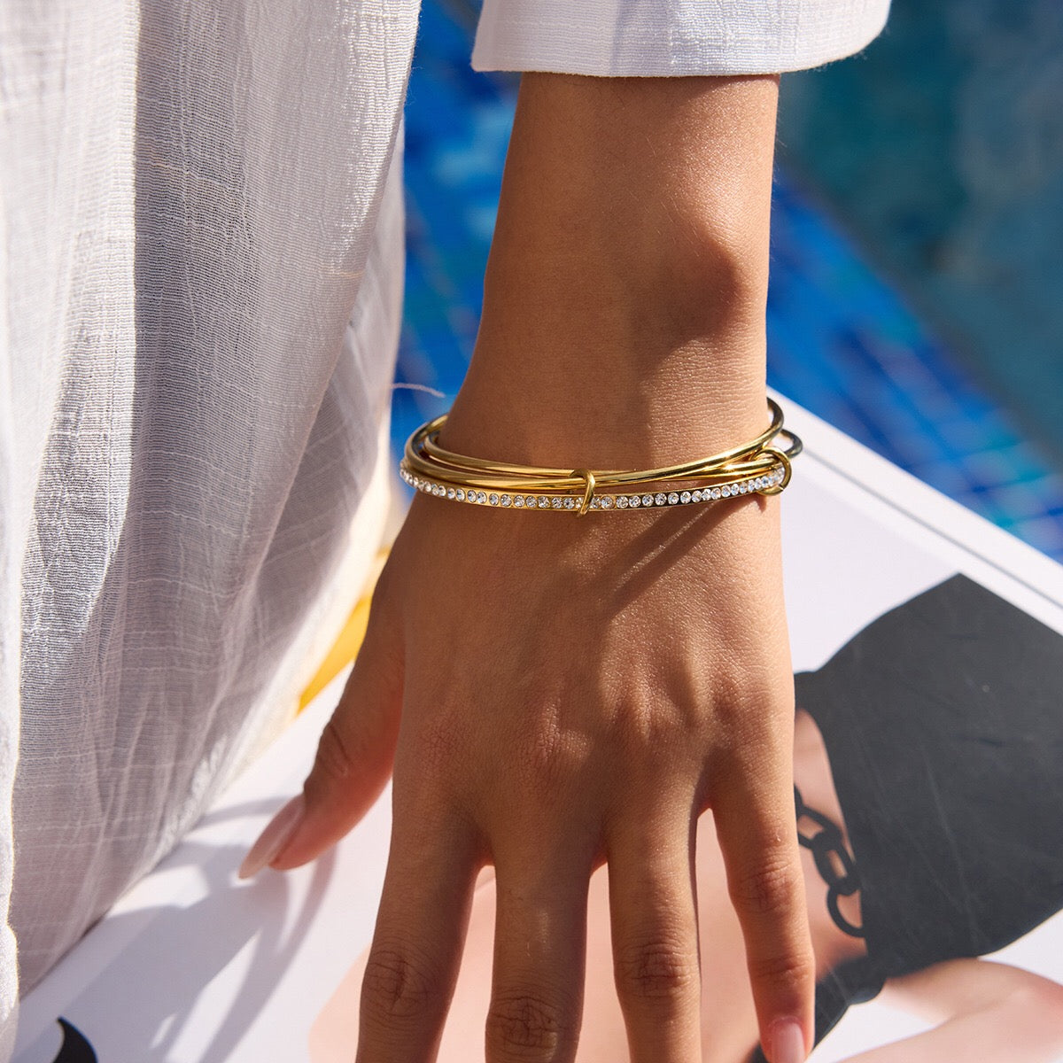 18K Gold and Silver Two Tone Spinelli Slim Bangle Bracelets Stack