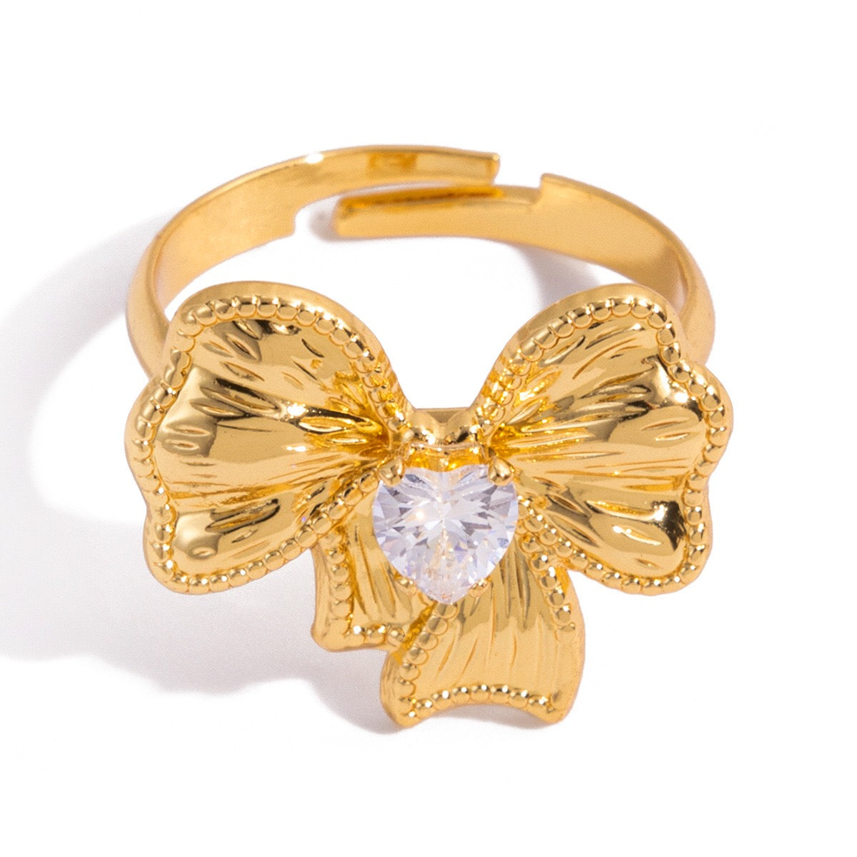 18K Gold Ribboned Elegance Bow Heart Statement Ring