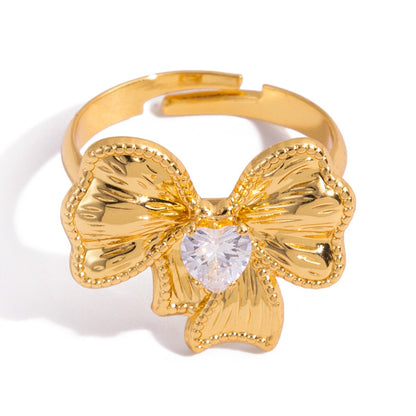 18K Gold Ribboned Elegance Bow Heart Statement Ring