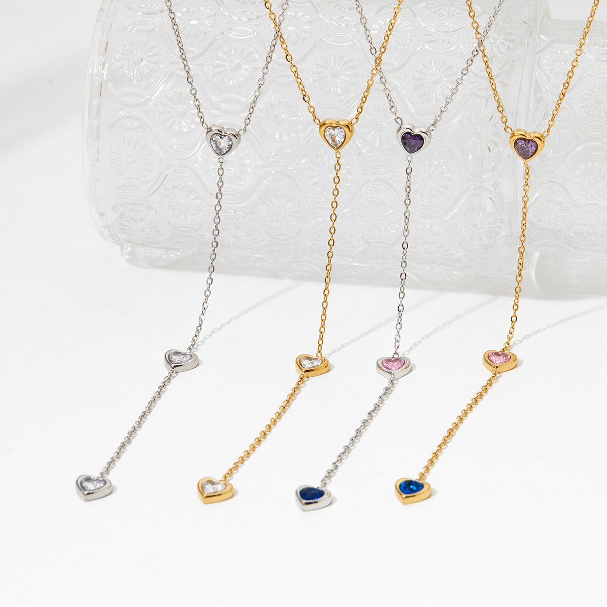 18K Gold Bejeweled Heart Lariat Necklace