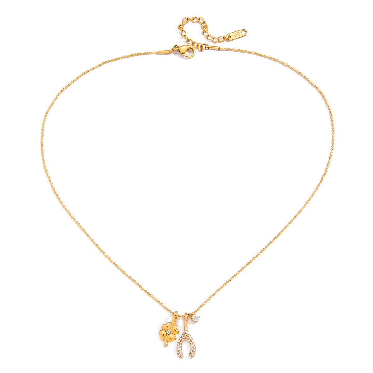 18K Gold Lucky You Clover Wishing Bone Dainty Charm Necklace