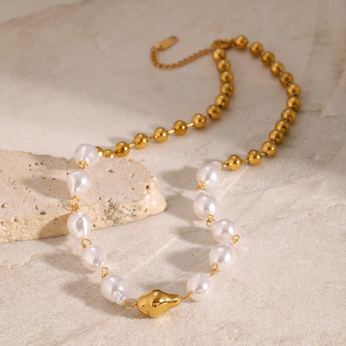 18K Gold Chunky Baroque Pearl Ball Chain Beaded Statement Necklace