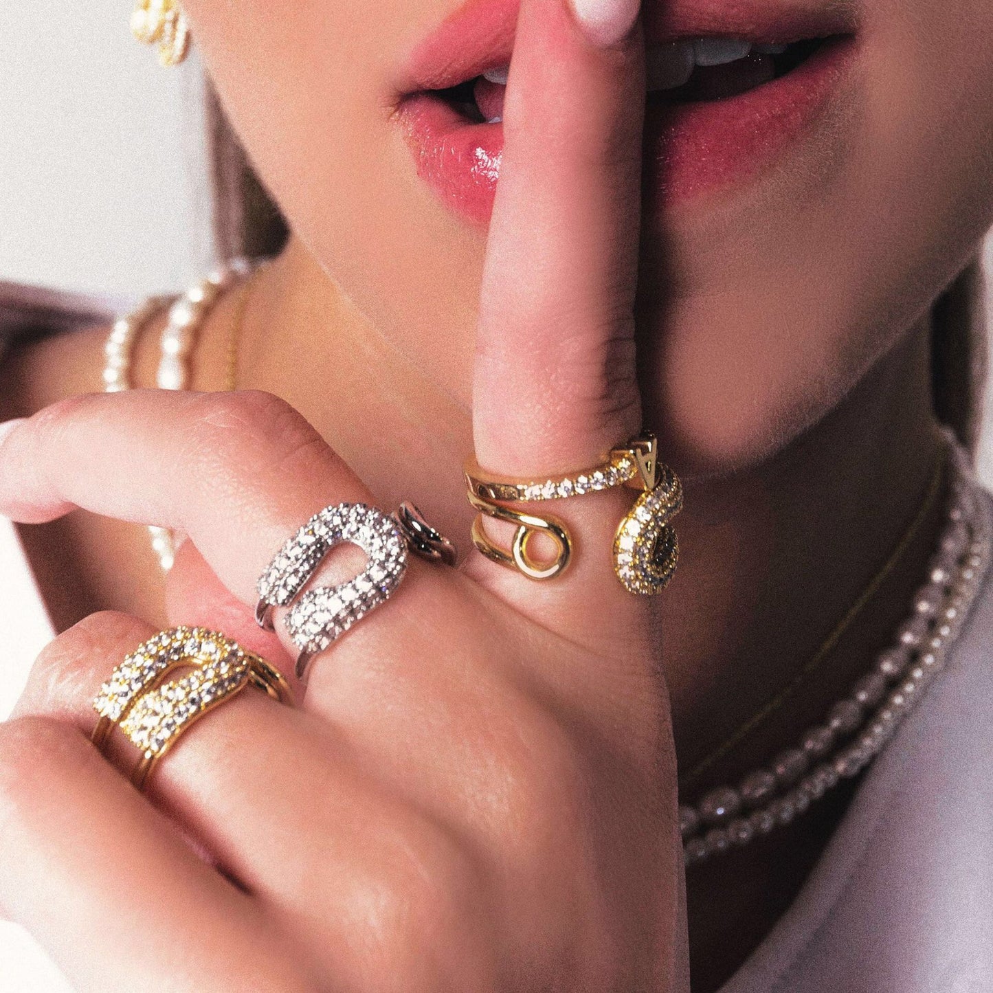 18K Gold Bejeweled Safety Pin Cuff Stacking Ring