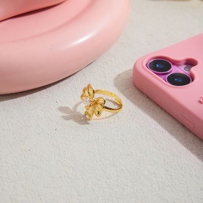 18K Gold Ribboned Elegance Bow Heart Statement Ring