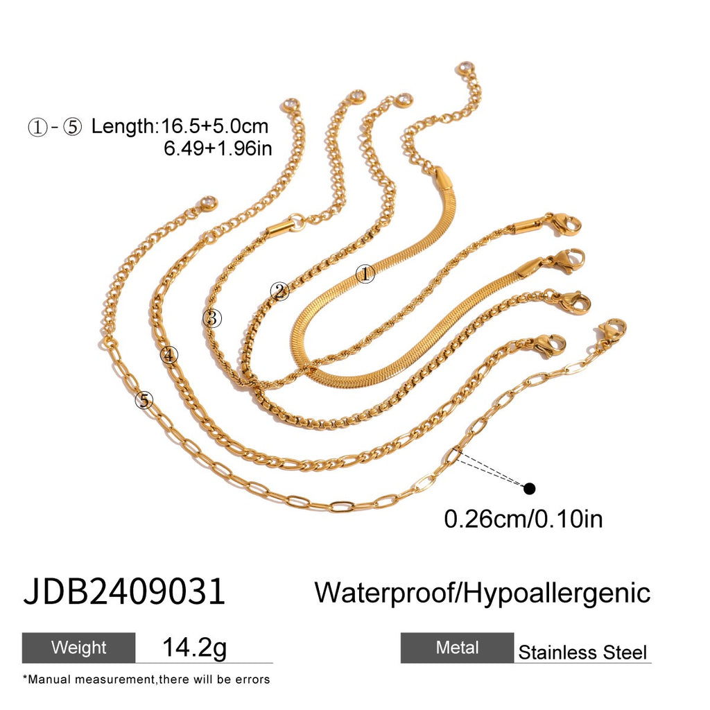 18K Gold Essential Dainty Paperclip Rope Herringbone Snake Chain Bracelet Stacks