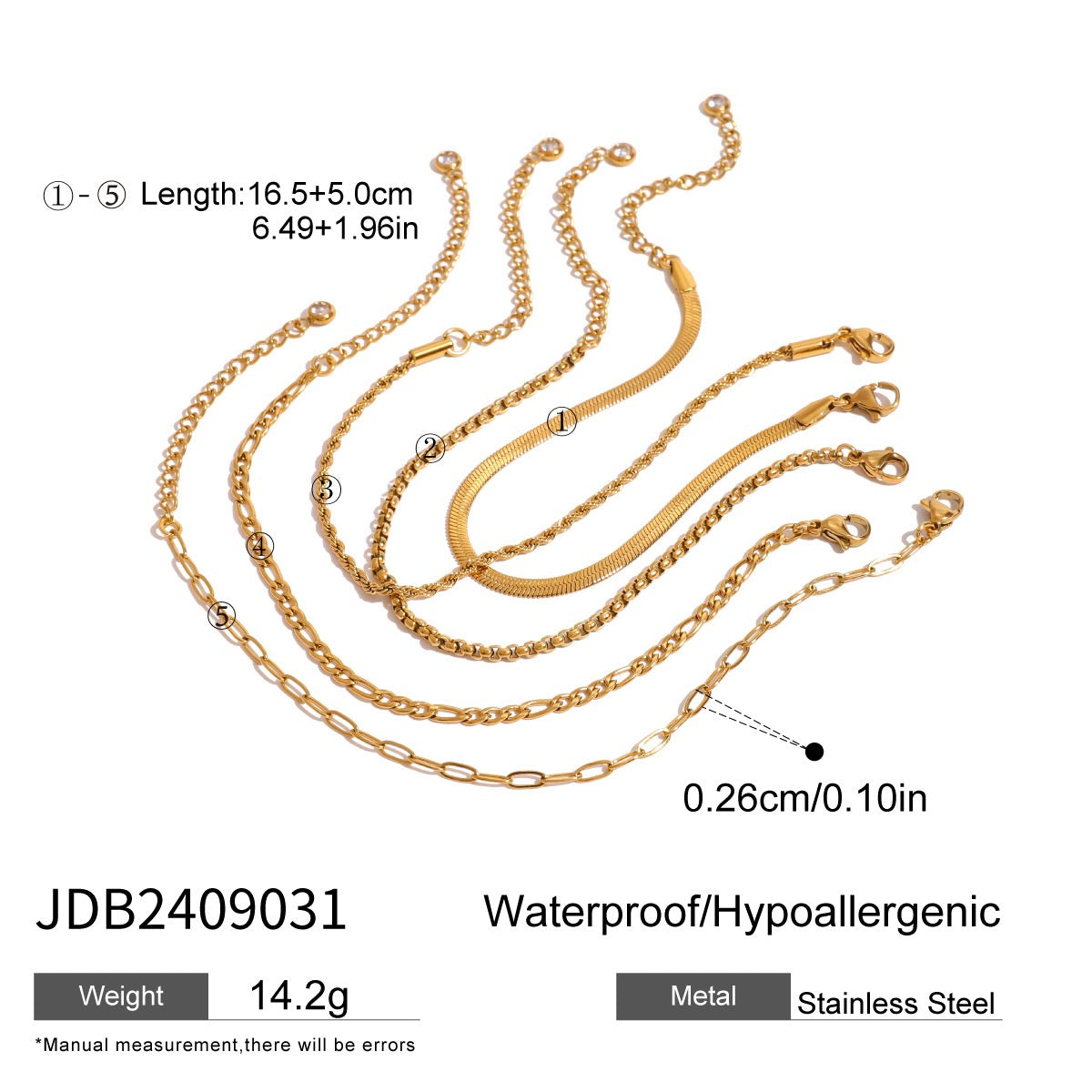 18K Gold Essential Dainty Paperclip Rope Herringbone Snake Chain Bracelet Stacks