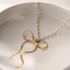 18K Gold Ribbon Bow Pearl Chain Pendant Necklace
