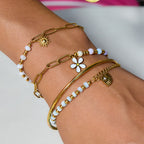 18K Gold Pastel Blue Flower Beaded Chain Bangle Bracelet Stack