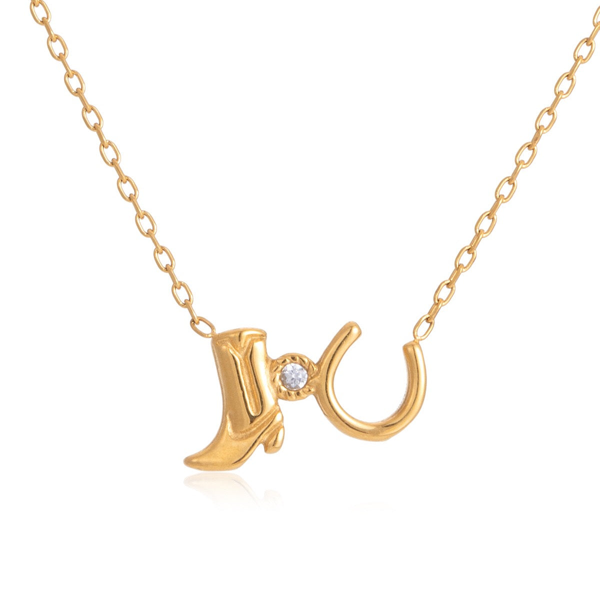 18K Gold Cowgirl Spirit Horseshoe Cowboy Boots Dainty Pendant Necklace
