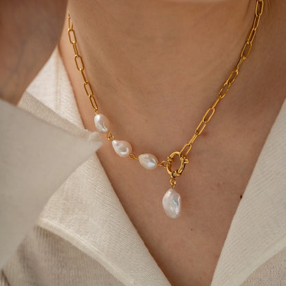 18K Gold Baroque Pearl Pendant Chunky Statement Necklace