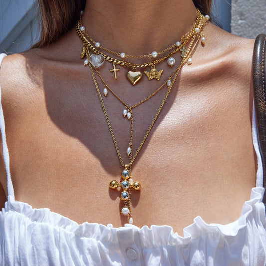 18K Gold Forbidden Cross Pearl Pendant Statement Layered Necklace Set