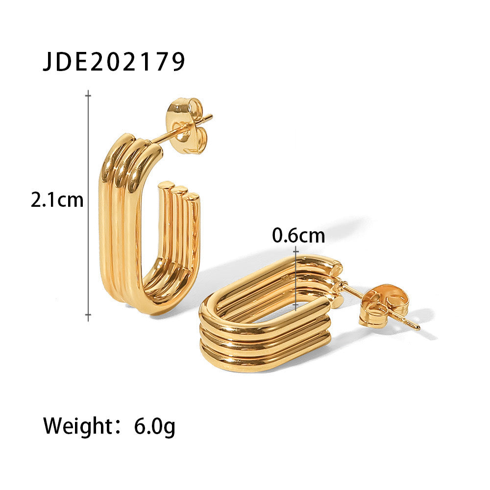 18K Gold Ribbed U Shape Hoop Huggie Earrings