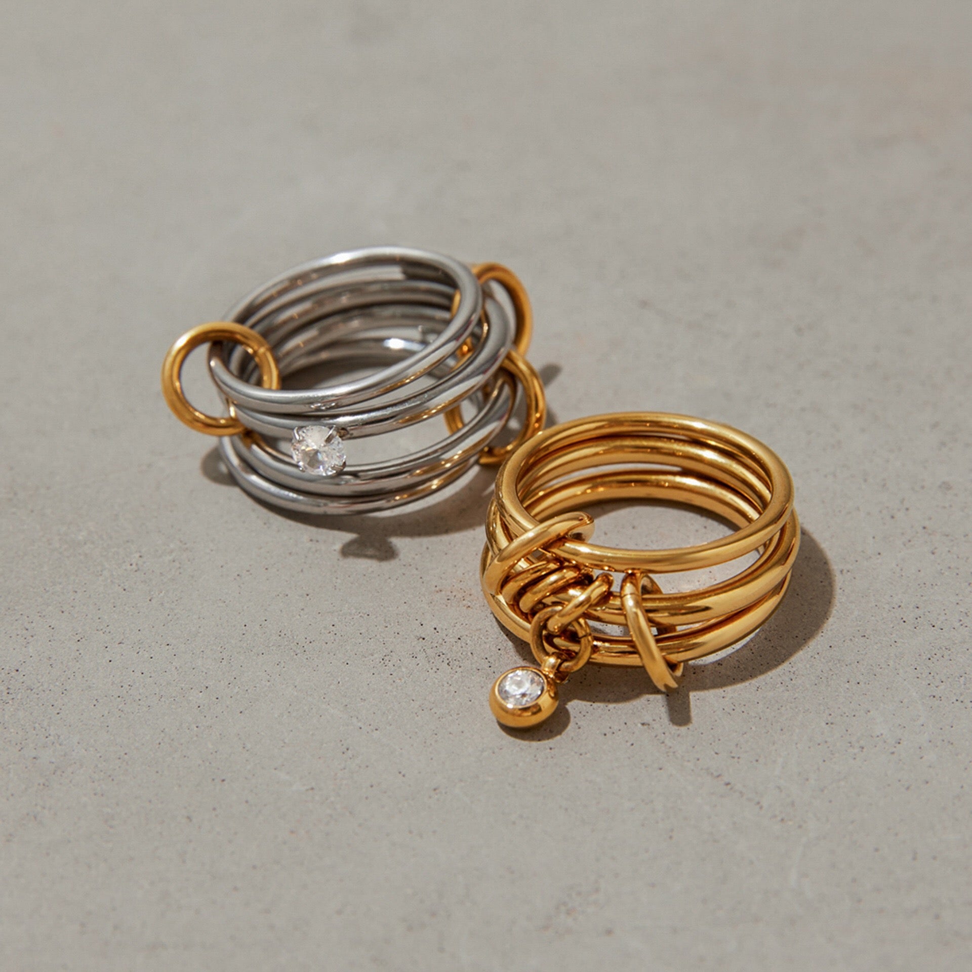18K Gold and Silver Two Tone Bejeweled Multi Layers Spinelli Trinity Stacking Rings