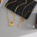 18K Gold Heart Keeper Pendant Paperclip Herringbone Snake Chain Layered Necklace Set