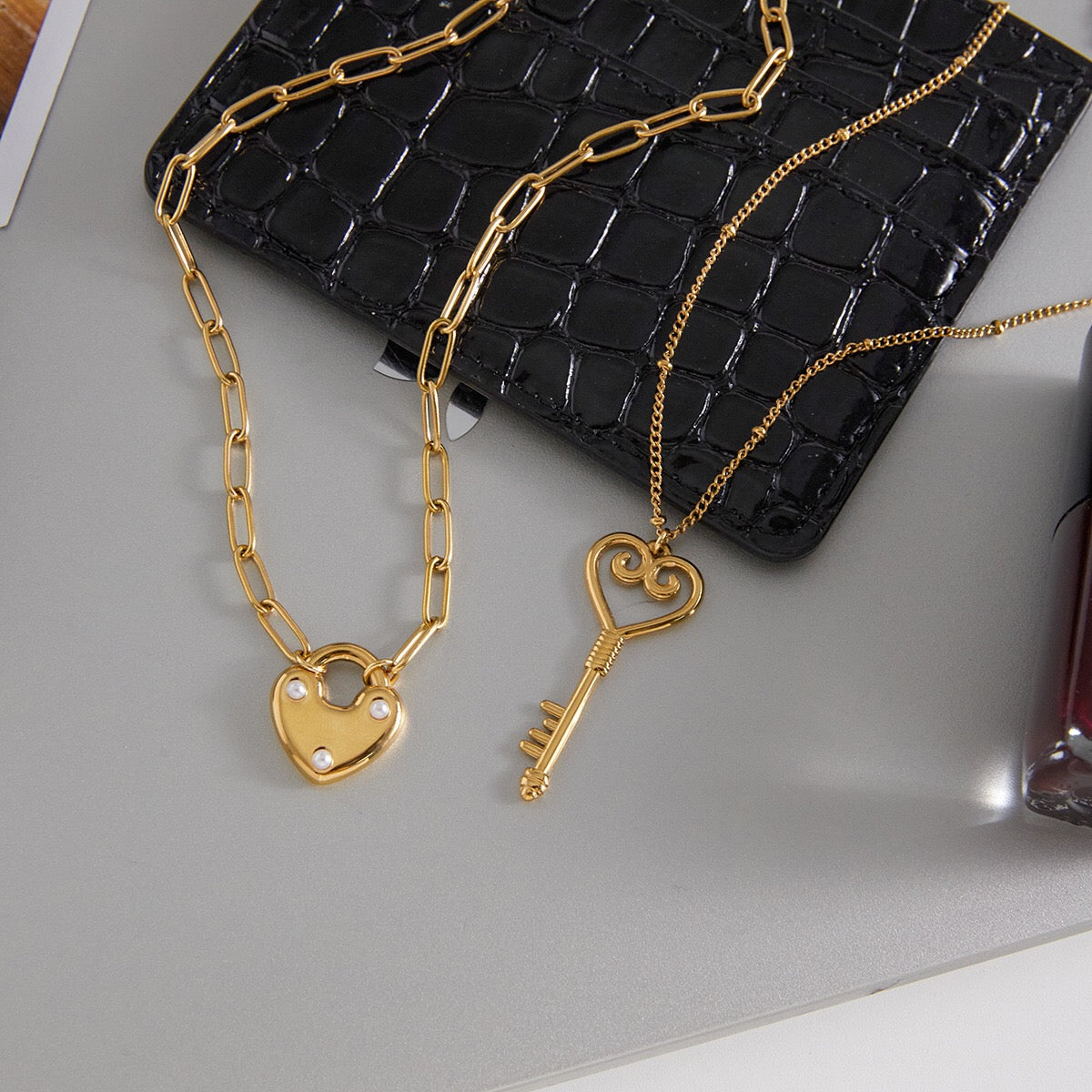 18K Gold Heart Keeper Pendant Paperclip Herringbone Snake Chain Layered Necklace Set