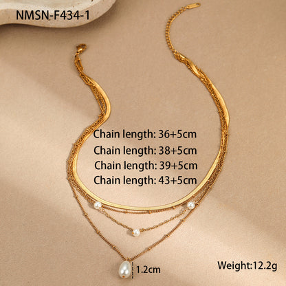 18K Gold Pearl Pendant Herringbone Chain Layered Necklace Set