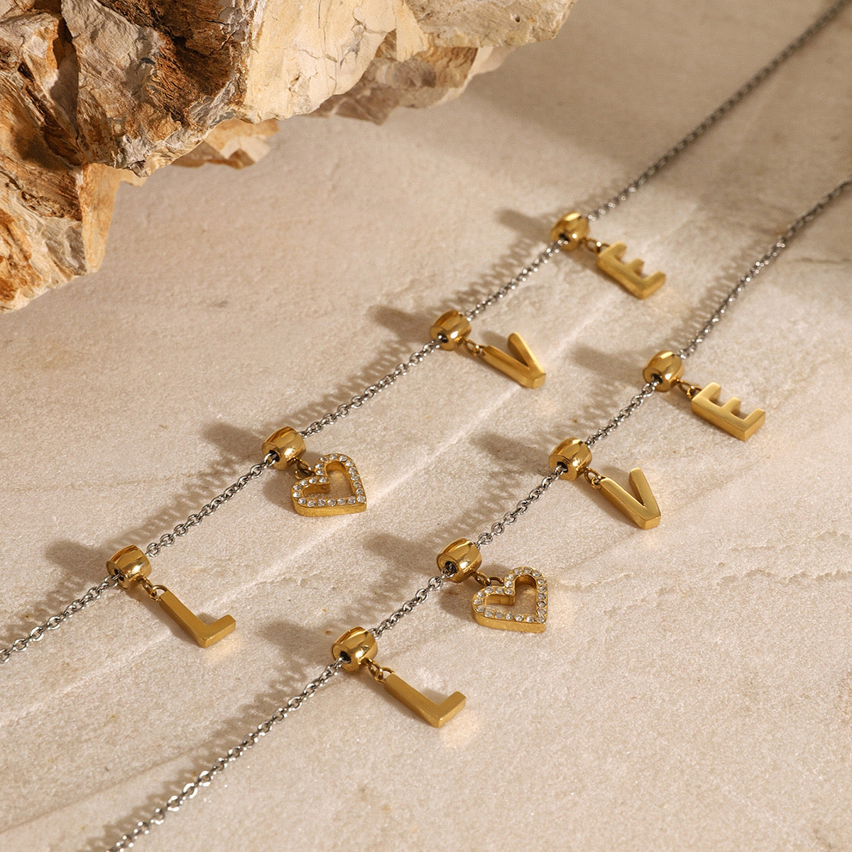 18K Gold Two Tone LOVE Pendant Heart Bracelet