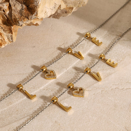 18K Gold Two Tone LOVE Pendant Heart Bracelet