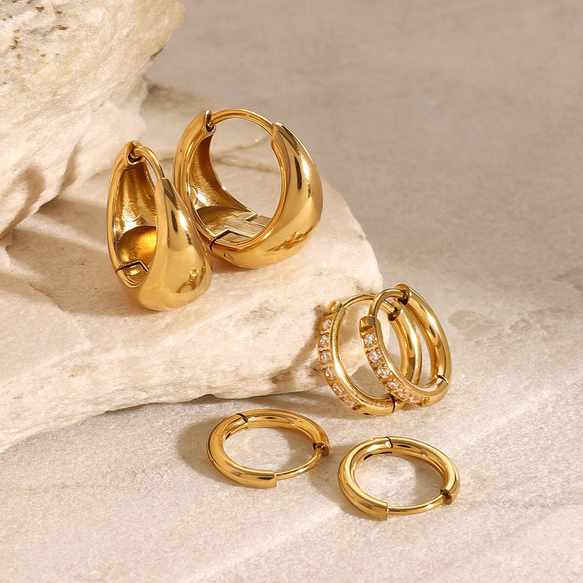 18K Gold Soft statement Small Hoop Huggie Earrings Set