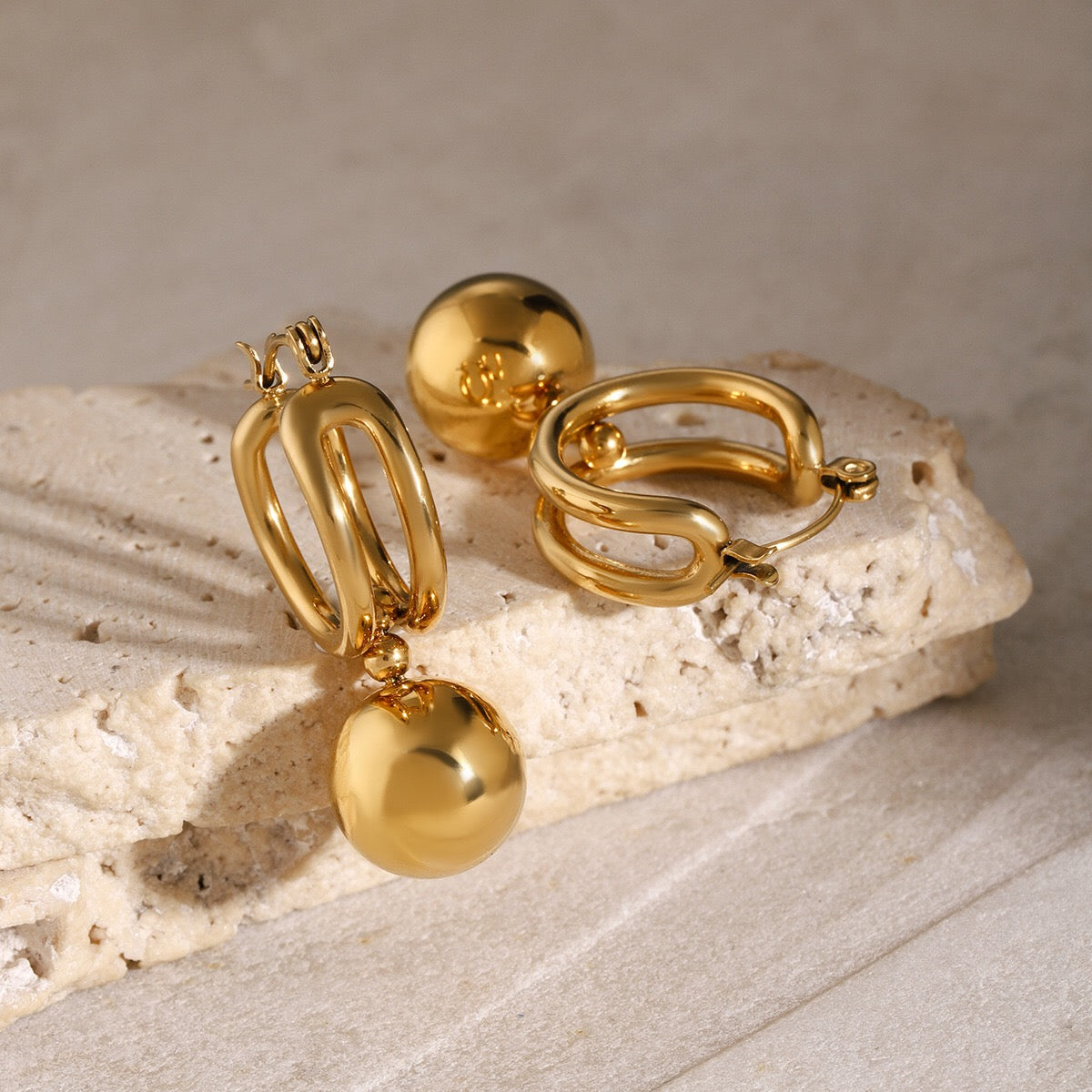 18K Gold Slideable Ball Drop Dangle Huggie Earrings