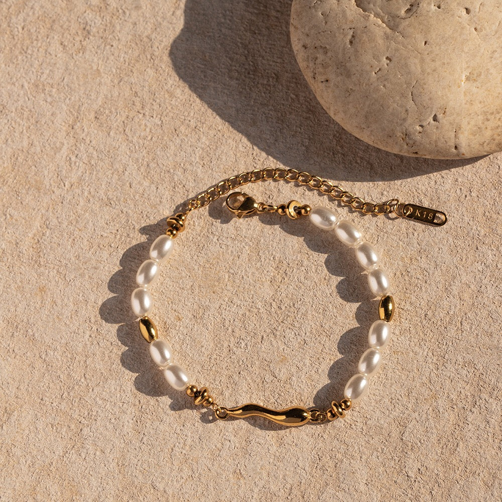 18K Gold Elegant Harmony Pearl Paperclip Chain Bracelet Stack