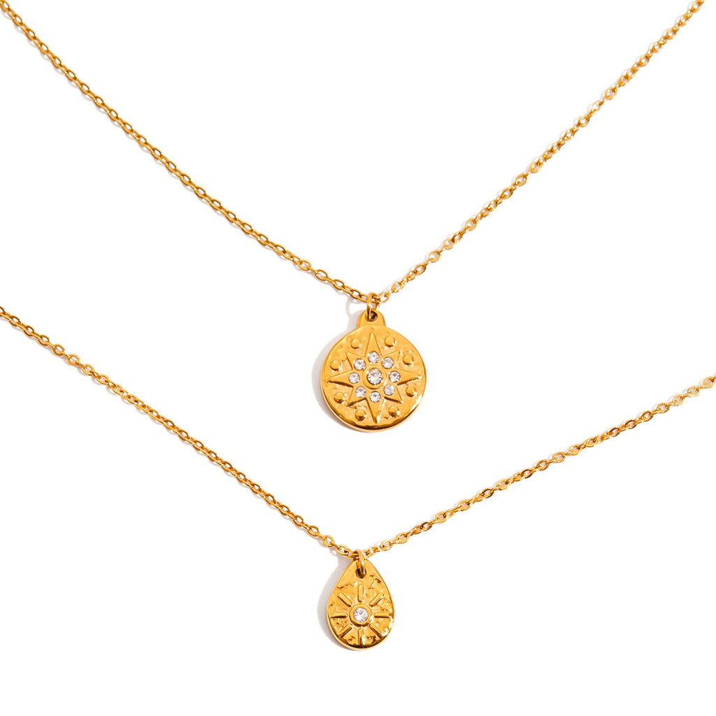 18K Gold Cascading Sun Pedant Paperclip Chain Layered Necklace Set