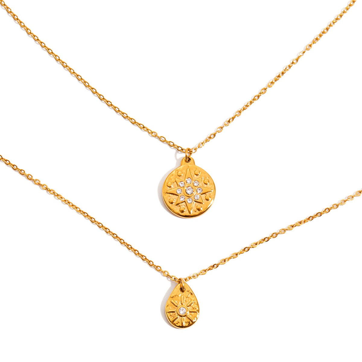 18K Gold Cascading Sun Pedant Paperclip Chain Layered Necklace Set