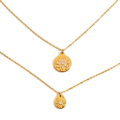 18K Gold Cascading Sun Pedant Paperclip Chain Layered Necklace Set