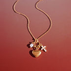 18K Gold Sinfully Yours Heart Cross Pearl Charm Necklace
